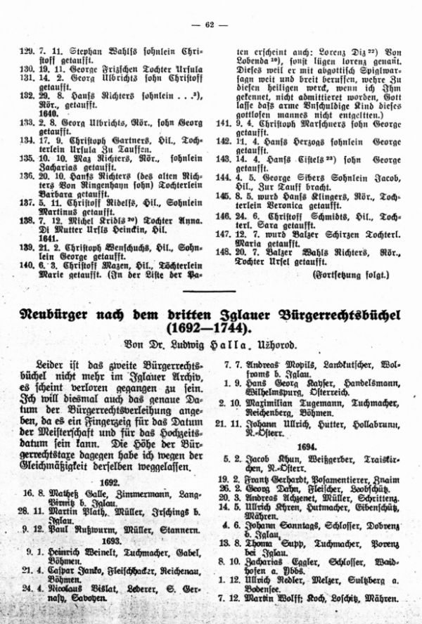 Neubürger nach dem dritten Iglauer Bürgerrechtsbüchel (1692-1744)