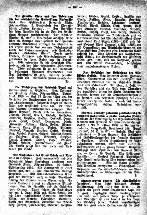 Josef Pilnacek, Staromoravsti rodove (Die altmährischen Geschlechter) - Die Nachfahres des Elias Scholz - Zur Geschichte der Besiedelung des Altstädter Kessels