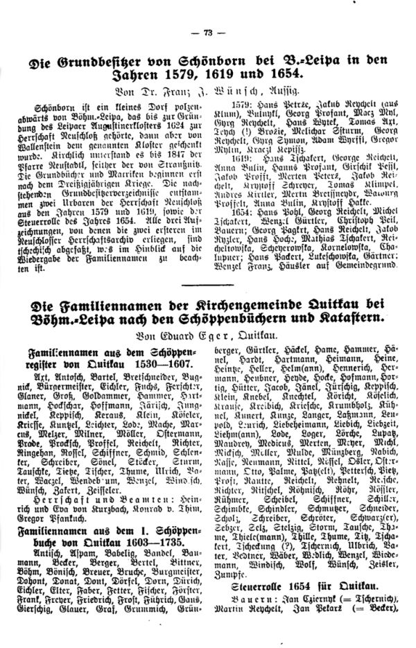 Die Grundbesitzer von Schönborn bei Böhm.-Leipa in den Jahren 1579, 1619 und 1654 - Die Familiennamen der Kirchengemeinde Quitkau bei Böhm.-Leipa nach den Schöppenbüchern und Katastern