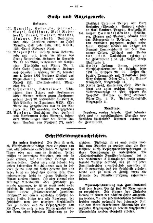 Such- und Anzeigeecke - Schriftleitungsnachrichten