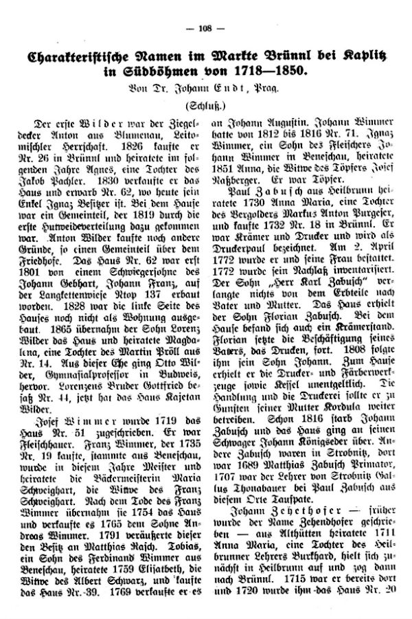 Charakteristische Namen im Markte Brünnl bei Kaplitz in Südböhmen von 1718-1850 - 1