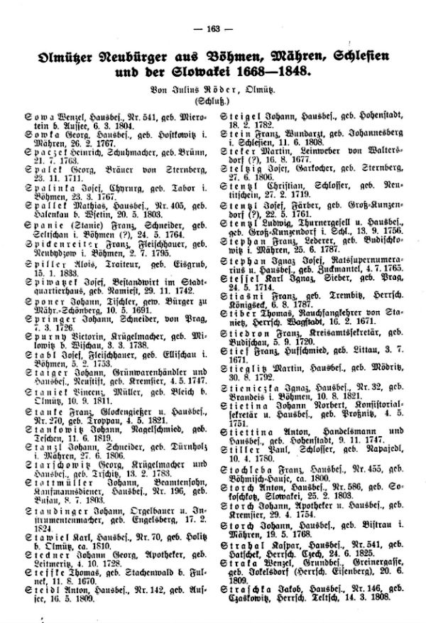 Olmützer Neubürger aus Böhmen, Mähren, Schlesien und der Slowakei 1668-1848 - 1