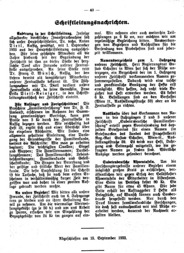 Schriftleitungsnachrichten