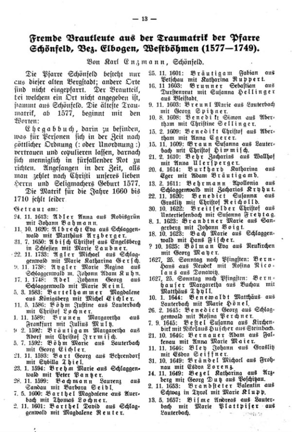 Fremde Brautleute aus der Traumatrik der Pfarre Schönfeld, Bez. Elbogen, Westböhmen (1577-1749) - 1