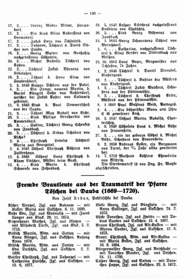 Fremde Brautleute aus der Traumatrik der Pfarre Töschen bei Dauba (1669-1720) - 1