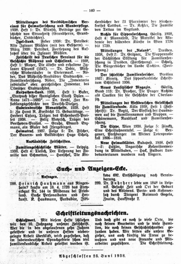 Such- und Anzeigenecke - Schriftleitungsnachrichten